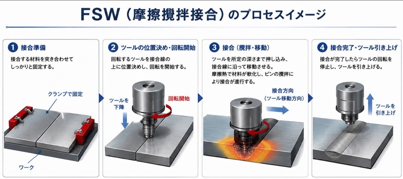 FSW（摩擦攪拌接合）のプロセスイメージ